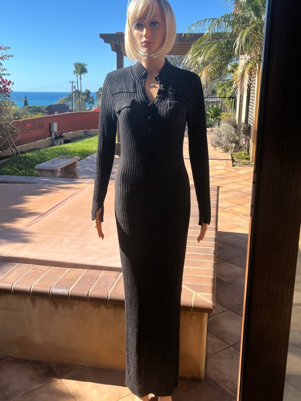 Rebecca Minkoff Black Ribbed Button Maxi Sweater Dress
